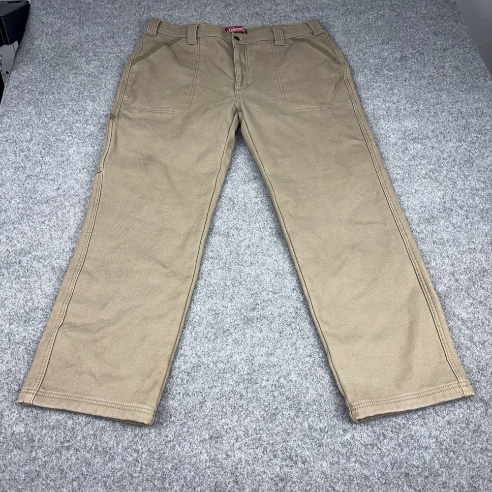 Coleman Fleece Lined Pants 38x32 Tan Canvas Carpenter Work Utility Outdoor Khaki